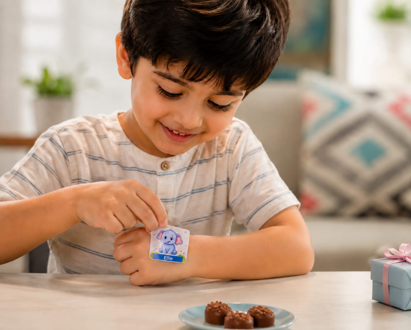 Child applying Ellie elephant collectible sticker
