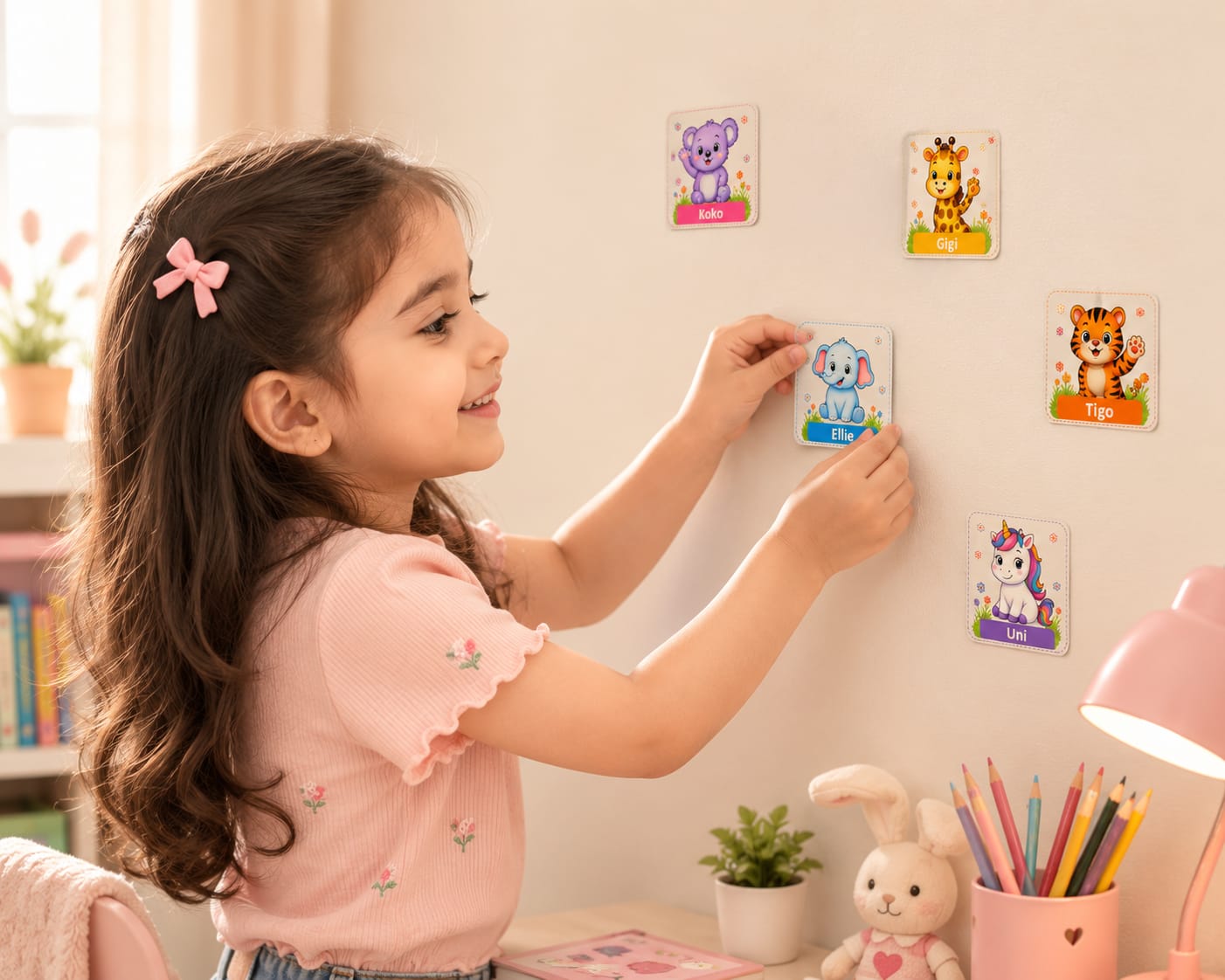Child collecting and displaying xoco-mama character stickers on the wall