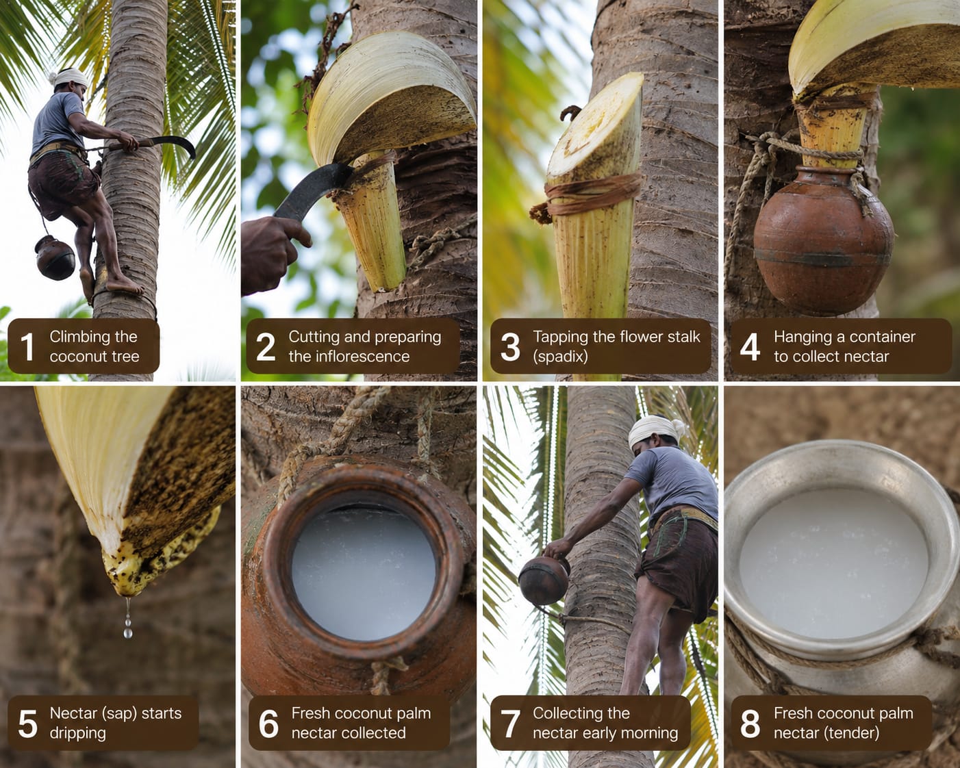 Eight-step infographic showing how coconut palm nectar is traditionally harvested