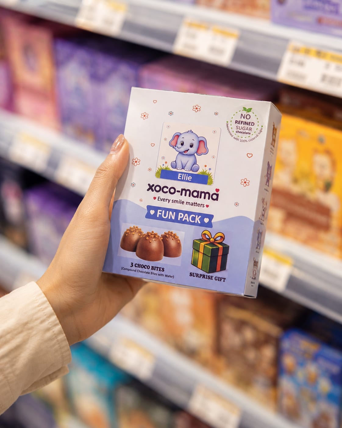 Ellie Fun Pack held in hand at a grocery store