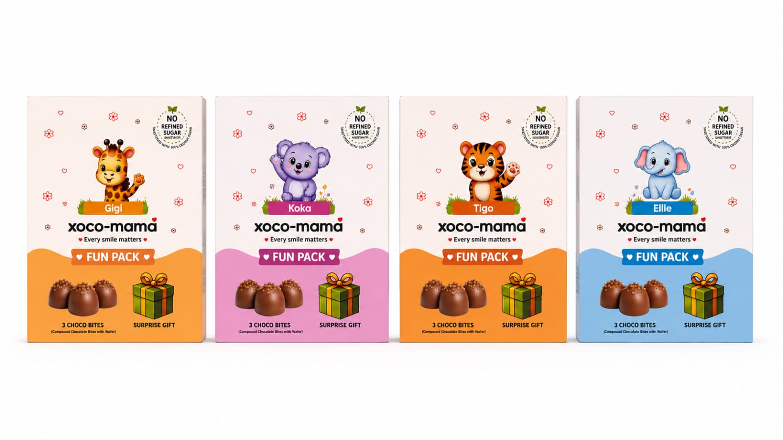All four xoco-mama Fun Pack characters — Gigi, Koko, Tigo, and Ellie