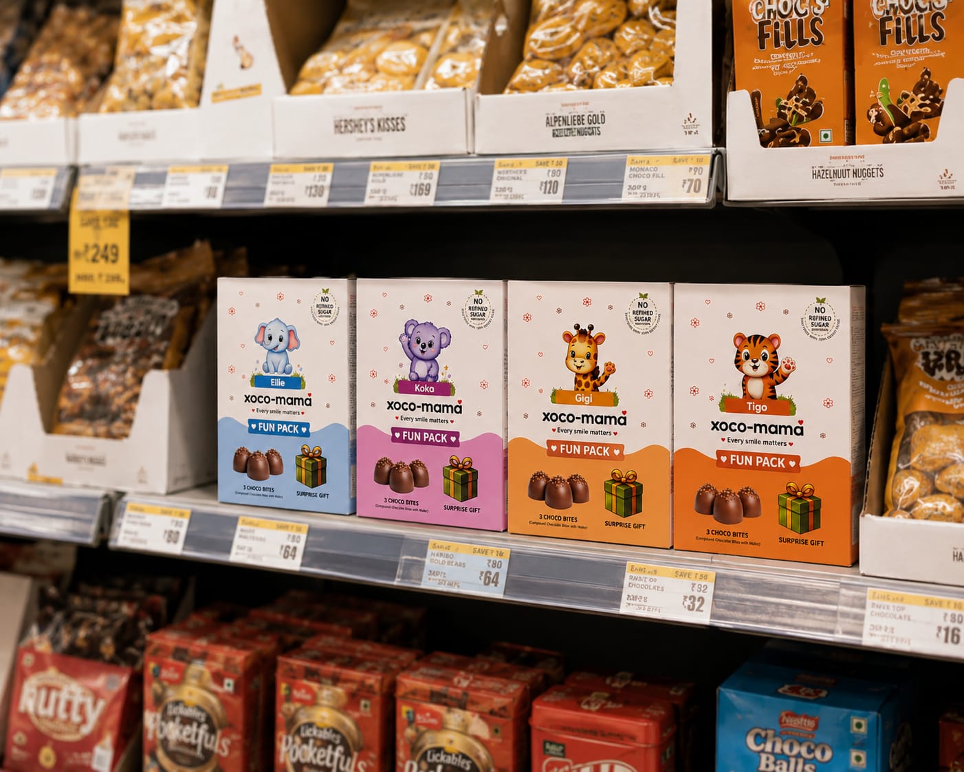 xoco-mama Fun Packs on retail shelves alongside other chocolates